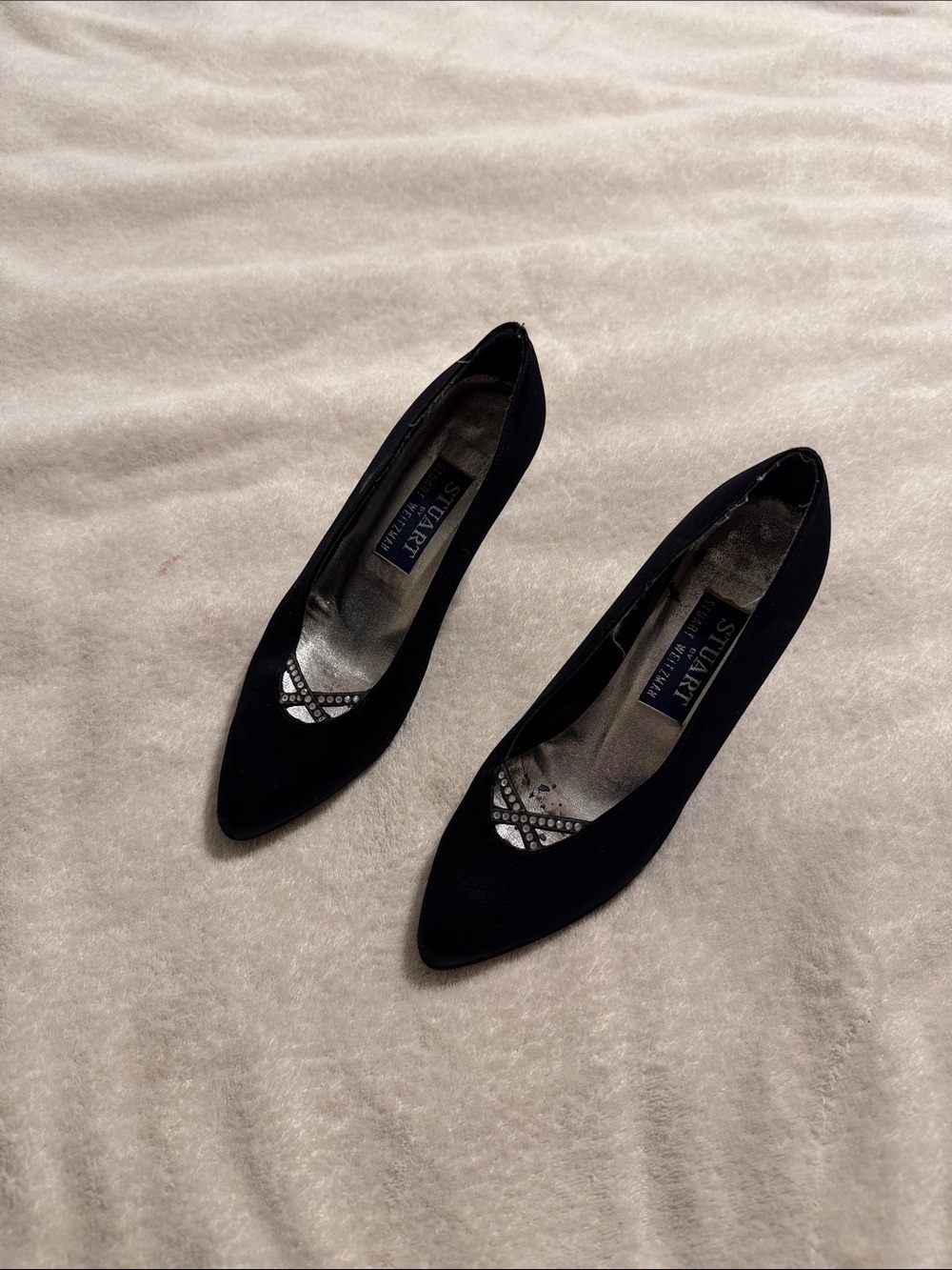 Stuart Weitzman Black Pointed Toe Heels with Crystal Accent